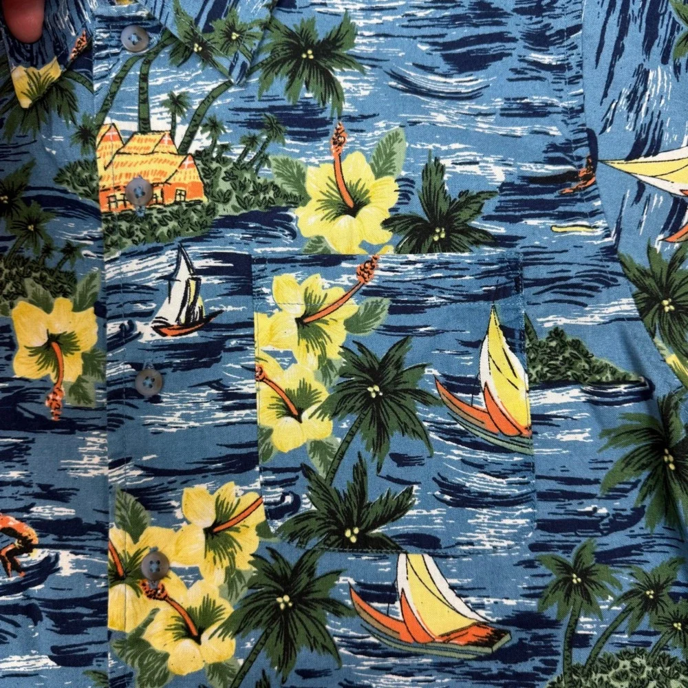 Vintage Cherokee Hawaiian Shirt Ocean Palm Trees Hibiscus Cotton‎ Boys L 10/12